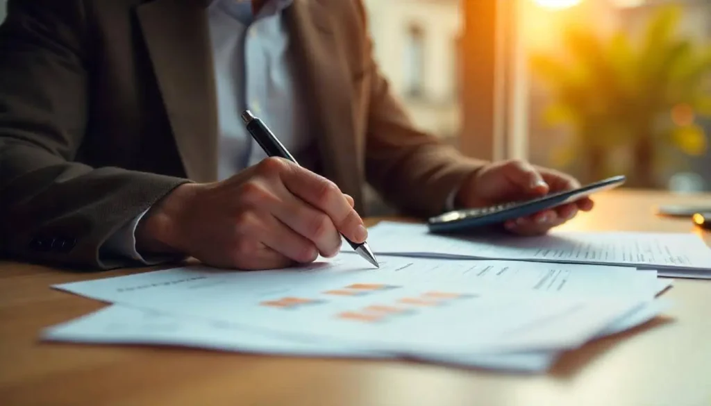 Business owner reviewing UAE corporate tax forms with a calculator and financial reports on desk